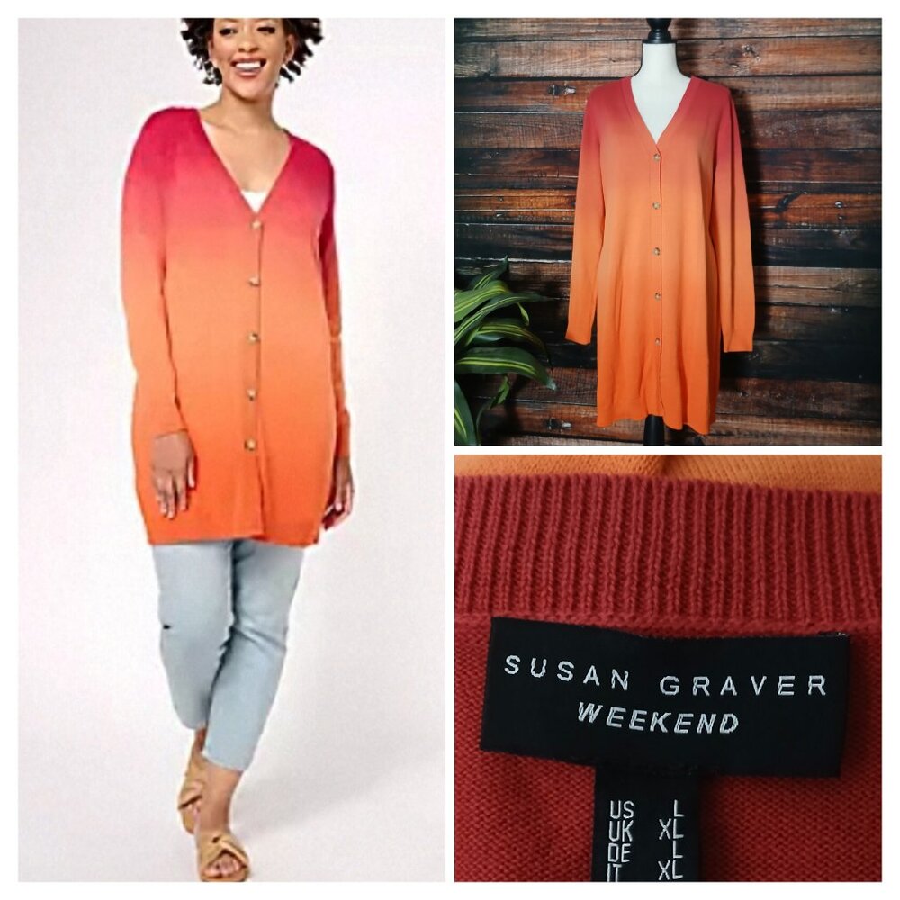 NWT Susan Graver Weekend L Cardigan Sweater Duster Ombre Button Front Cotton